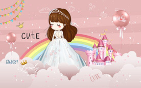 可爱卡通彩虹公主儿童房背景墙