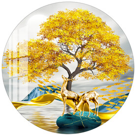 金色发财树麋鹿圆形装饰画