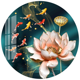 金色线条九鱼图荷花圆形装饰画