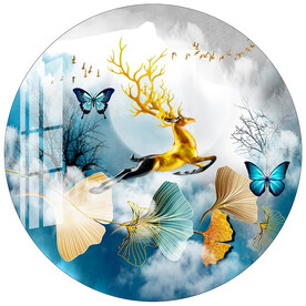 北欧麋鹿银杏叶圆形装饰画