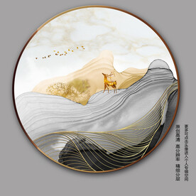 新中式抽象金色线条麋鹿圆形装饰