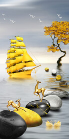 石来运转麋鹿山水玄关装饰画