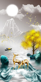 石来运转麋鹿山水玄关装饰画