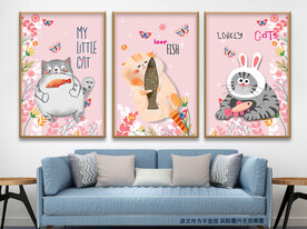 猫咪爱吃鱼花朵蝴蝶无框画