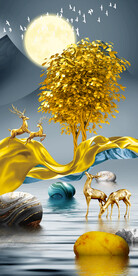 装饰画 晶瓷画 麋鹿 发财树