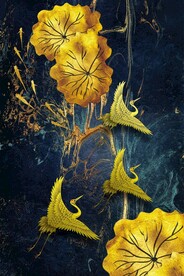 抽象肌理九鱼荷叶仙鹤图