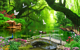 树林小桥流水风景背景墙