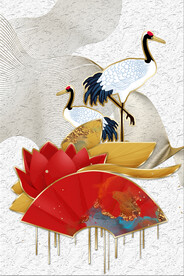 装饰画 抽象画 扇子 仙鹤