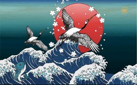 国风潮大海仙鹤日本料理背景墙