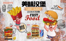 复古欧美风美味汉堡包餐饮背景墙