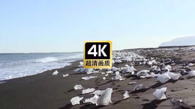 冬季海滩上的融化的冰块