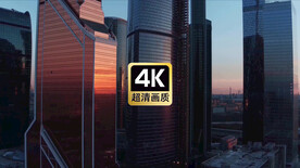 航拍傍晚高耸的商务建筑群