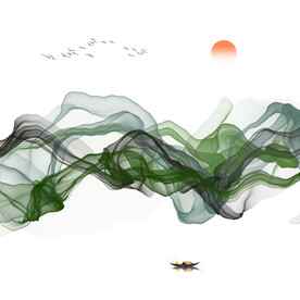 烟雾山水写意水墨画