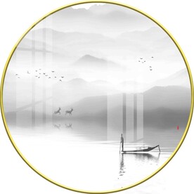 中式山水圆形装饰画图片