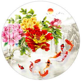 花开富贵九鱼图圆形装饰画