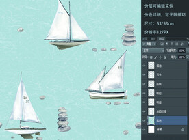 卡通帆船花型分层石头男孩房墙纸