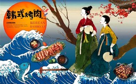 复古韩式烤肉餐饮背景墙壁画
