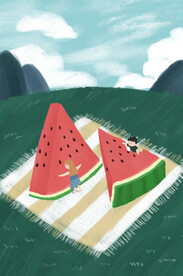夏天吃西瓜扁平插画