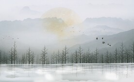 中式朦胧山水树林背景墙