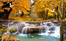 金秋枫树流水生财瀑布背景墙