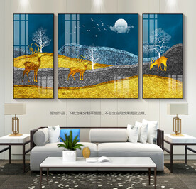 轻奢风金山麋鹿客厅装饰画背景画
