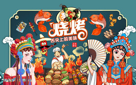 国潮舌尖上的烧烤工装背景墙