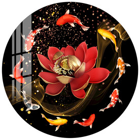 荷花九鱼图轻奢圆形装饰画