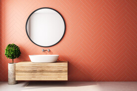 红色背景墙洗手台