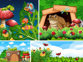 儿童漫画青蛙蝴蝶瓢虫卡通插图