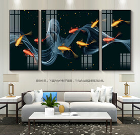 轻奢风九鱼图客厅装饰画三联画