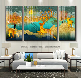 轻奢风金山麋鹿客厅装饰画三联画