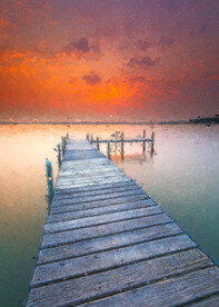 数字油画装饰画素材夕阳海边栈桥