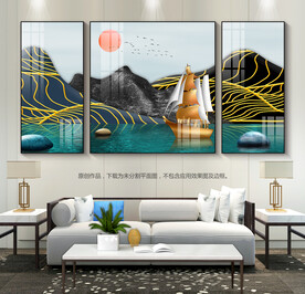 一帆风顺客厅装饰画三联画晶瓷画