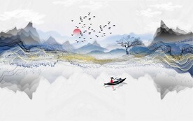 新中式意境洒金山水电视背景墙