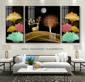 抽象客厅装饰画银杏叶三联画