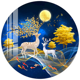 麋鹿发财树金色线轻奢圆形装饰画