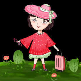 手绘卡通女孩旅行免抠
