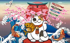 浮世绘招财猫日本料理餐饮背景墙