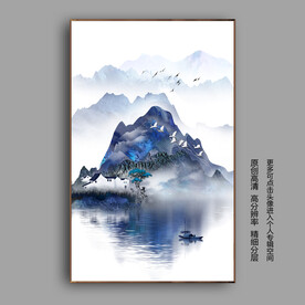 江南水乡蓝色山水玄关装饰画