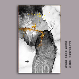 抽象水墨金箔麋鹿山水玄关装饰画