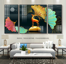 轻奢风客厅装饰画银杏叶麋鹿挂画