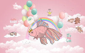 卡通大鱼彩虹气球儿童房背景墙