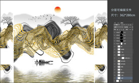 新中式简约山水壁画背景墙线条