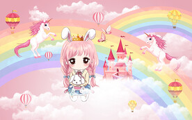 卡通独角兽公主城堡儿童房背景墙