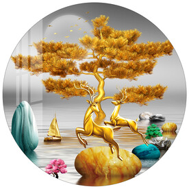 金色发财树石来运转麋鹿装饰画