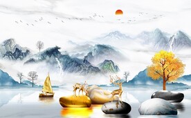 新中式麋鹿山水背景墙图片