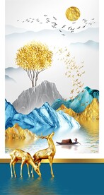 金色麋鹿发财树山水画