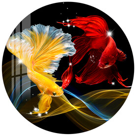 时尚斗鱼孔雀鱼轻奢圆形装饰画