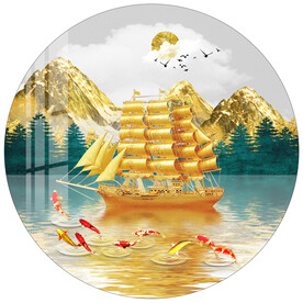 金色山水一帆风顺圆形装饰画
