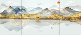 金山麋鹿山水三联画